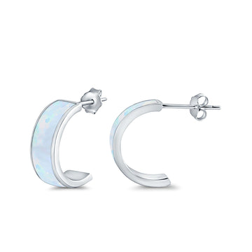 Half Hoop Stud Earrings Lab Created White Opal 925 Sterling Silver (15mm)